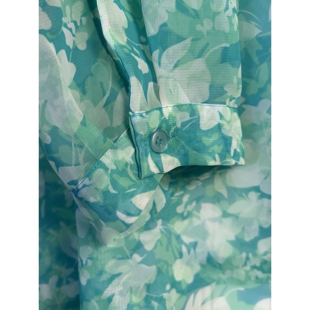 Maggie McNaughton Blouse 18W Aqua Blue Watercolor Floral Sheer Button Up Shirt - Picture 4 of 9